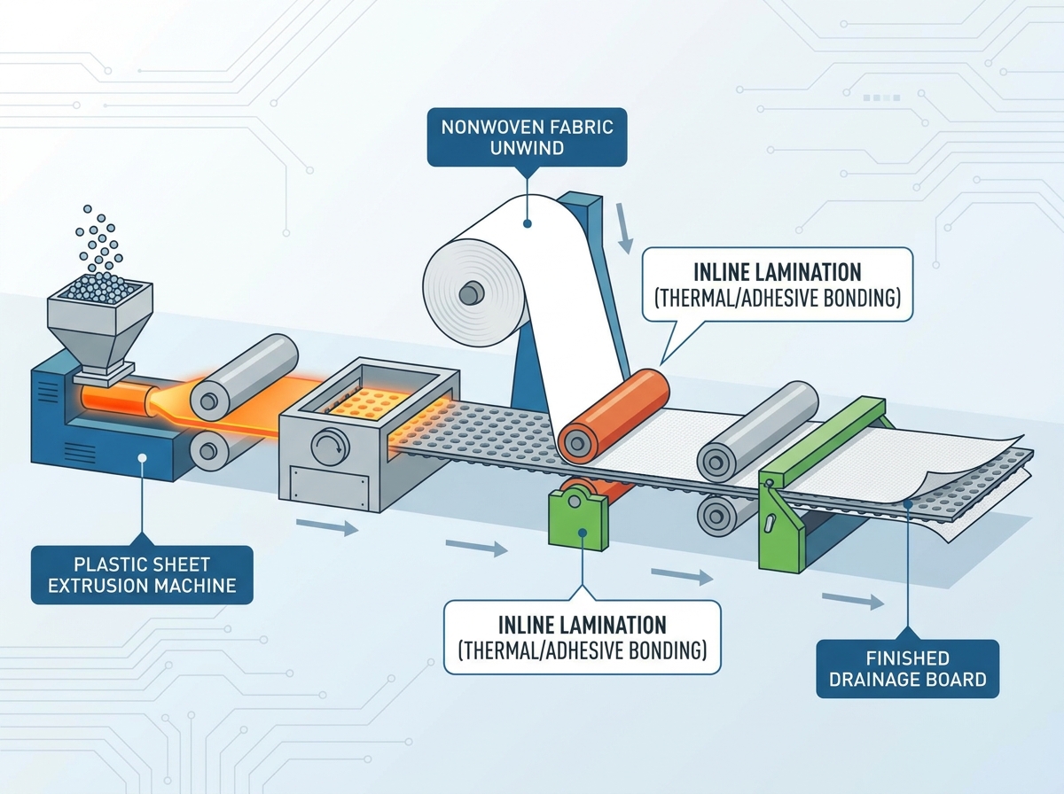 Drainage board production equipment showing inline processing