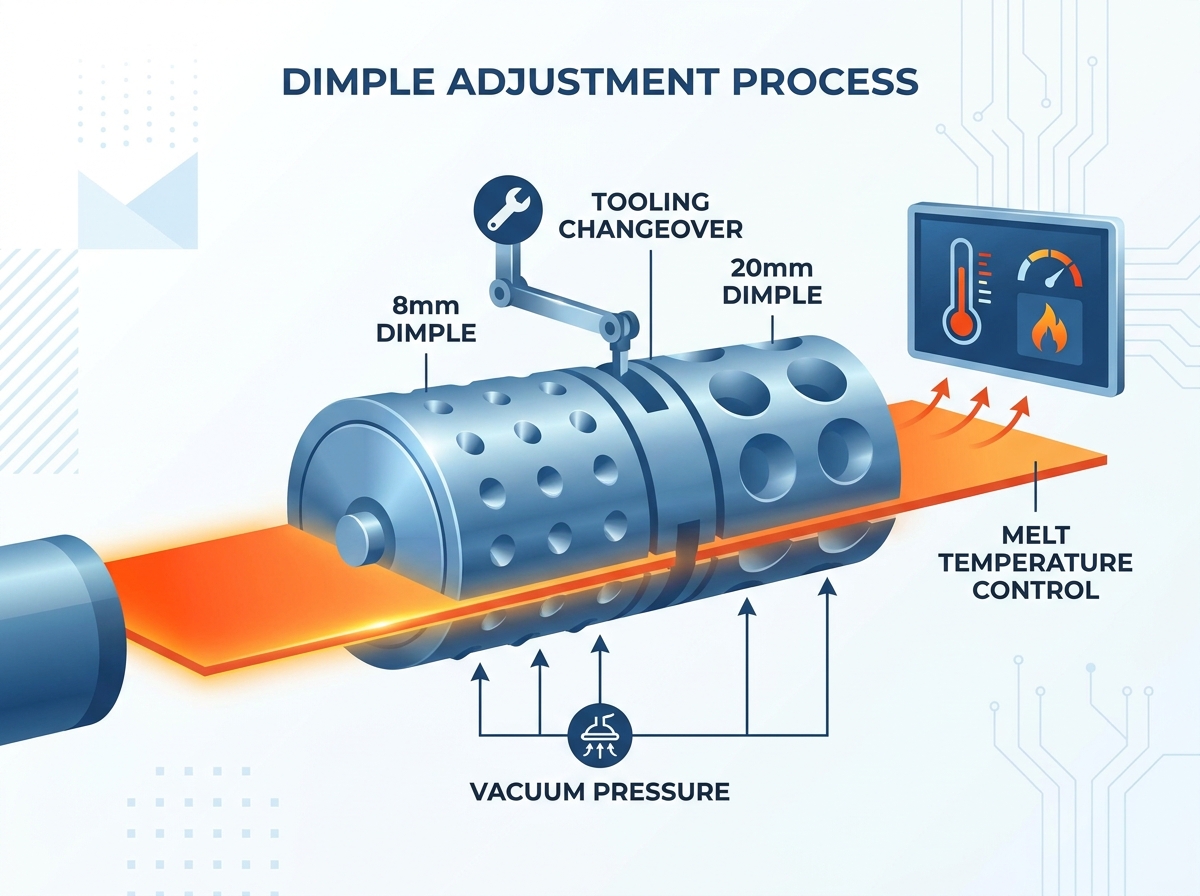 Drainage board dimple forming roller on an extrusion line