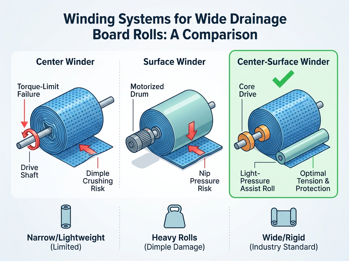 Wide drainage board roll winding process in a manufacturing facility
